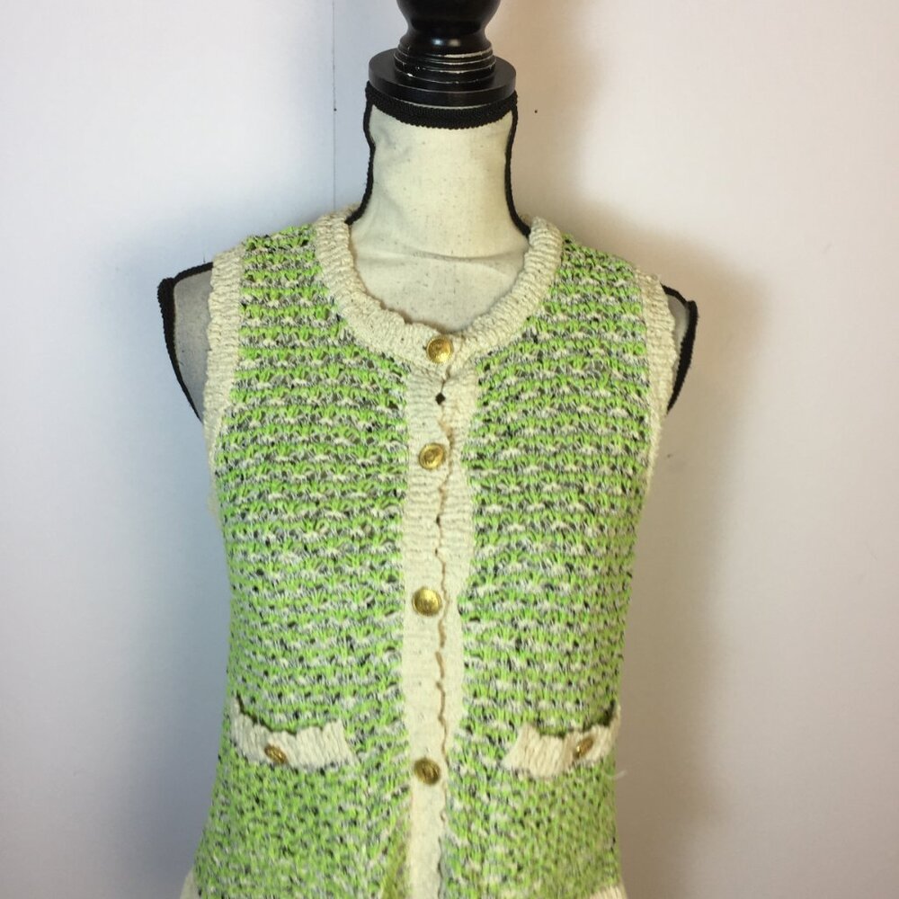 Zara Vest Sweater Size M Womans Green Cream Crochet Knit Gold Buttons Sleeveless - Picture 10 of 13